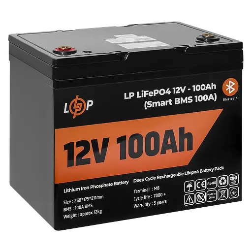 Акумулятор LP LiFePO4 12V (12,8V) - 100 Ah (1280Wh) (Smart BMS 100А) з BT пластик для ДБЖ - фото 4