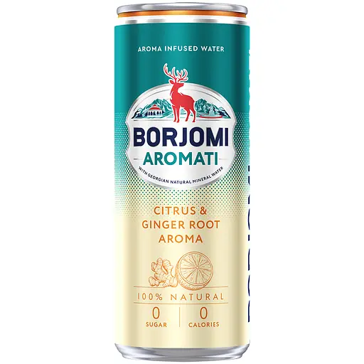 Напиток безалкогольный Borjomi Aromati газированный с ароматом Цитрусовых и Корня имбиря 0.33 л х 12 шт. (ж/б) - фото 1