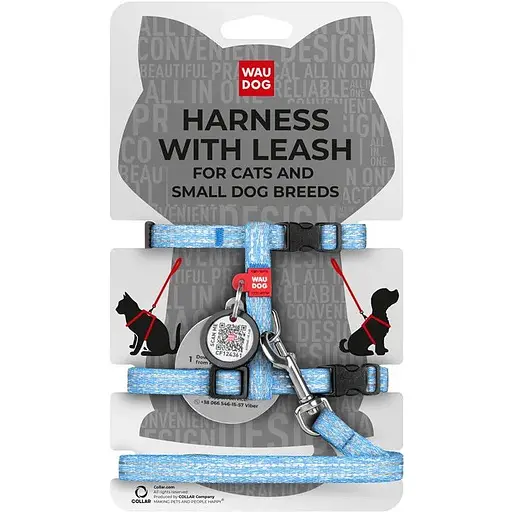Шлея з повідцем для котів Waudog Re-cotton з QR паспортом, з відновленої бавовни, світловідбиваюча, пластиковий фастекс, XS