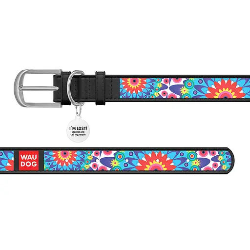 Нашийник для собак шкіряний Waudog Design з QR-паспортом "Квіти" Ш 25 мм Д 38-49 см чорний - фото 5