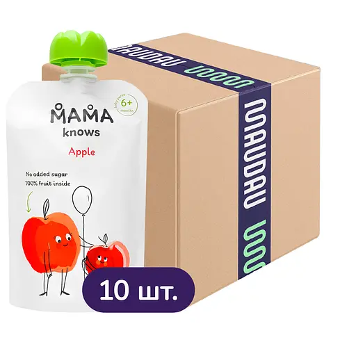 Упаковка пюре Mama knows Яблучне без цукру 900 г (90 г х 10 шт.)