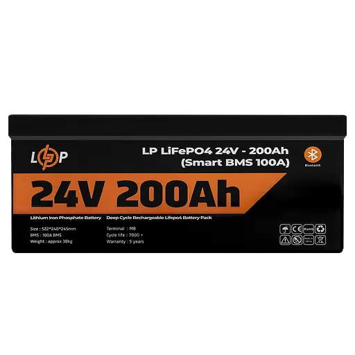 Акумулятор LP LiFePO4 24V (25,6V) - 200 Ah (5120Wh) (Smart BMS 100А) з BT пластик для ДБЖ - фото 2