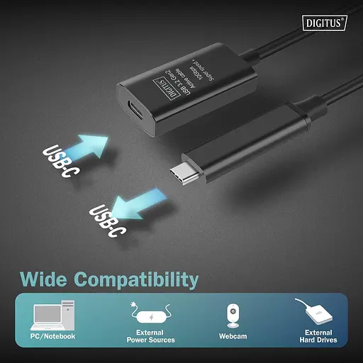 Digitus Подовжувач DIGITUS USB 3.2 Gen2 Active Cable 10G, C/M-C/F, 5м, чорний - фото 5