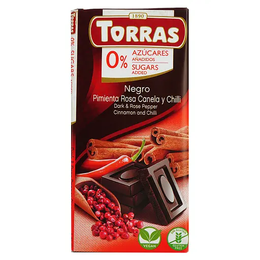 Шоколад черный Torras с розовым перцем, корицей и чили без сахара 75 г