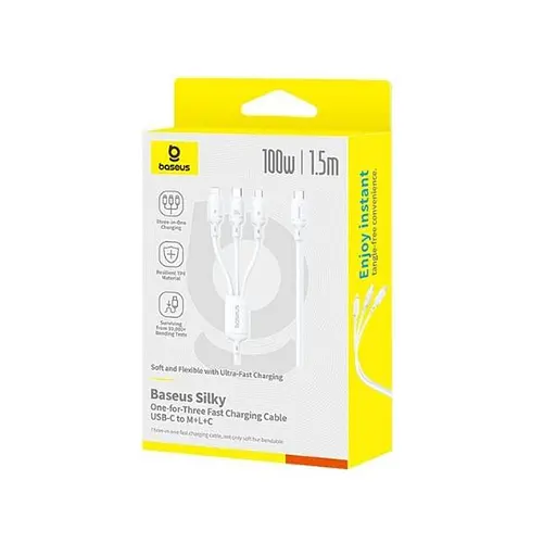Кабель 3 в 1 Baseus Silky One-for-Three Fast Charging Cable USB-C to M+L+C 100W 1.5 м Білий - фото 2