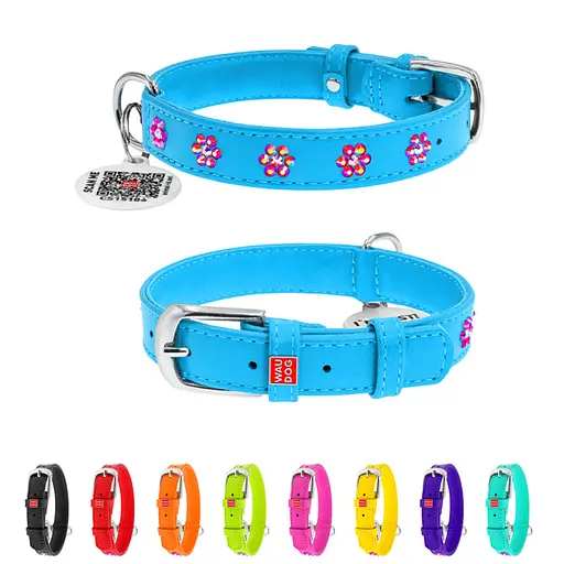 Ошейник для собак кожаный Waudog Glamour с QR-паспортом с клеевыми стразами "Цветы" Ш 20 мм Д 30-39 см - фото 2