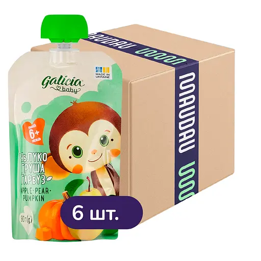 Упаковка натурального яблочно-грушево-тыквенного пюре Galicia Baby 540 г (90 г x 6 шт.)