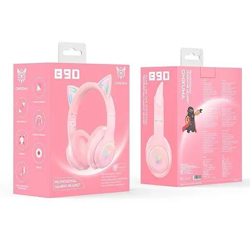 Накладні навушники Onikuma Bluetooth Gaming CAT with LED B90, 800mAh, BT5.0, AUX, 800mAh, 15h, pink - фото 5