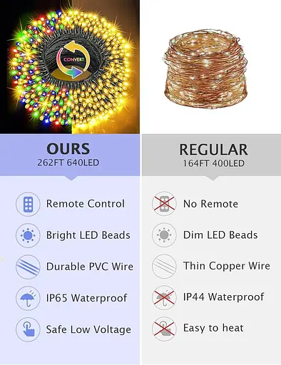 Рождественские огни GYLEFY на открытом воздухе, 80M 640 светодиодных сказочных огней с пультом дистанционного управления и таймером - фото 2