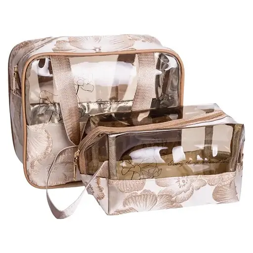 Набір косметичок Yiwu HP-16-1KBE 22х11х18 / 17х10х11 см водонепроникні 2 шт. бежеві/прозорі  - фото 1