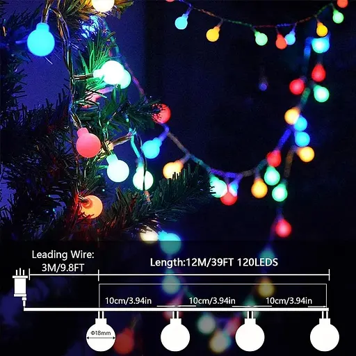 Гирлянда anorlite Fairy Lights Plug in Powered, 120LED 15M/49ft Globe String Lights, 8 режимов рождественских огней - фото 2