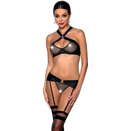 Сітчастий набір: бюстгальтер із халтером Passion Amanda Set black L/XL