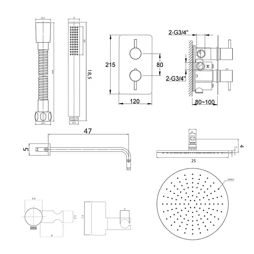 Душева система Kohlman Axel 25 graphite з термостатом + BOX прихованого монтажу KPL-QW432AG25, Графіт - фото 7