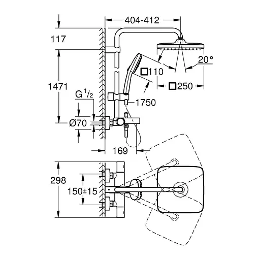 Душова система термостатична Grohe QuickFix Vitalio Comfort System 250 26984001, Хром - фото 2