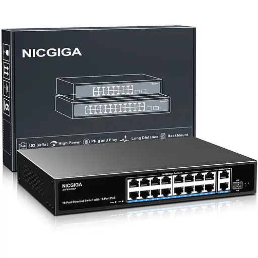 Комутатор PoE 16-портовий PoE+ 250W 2 порти висхідної лінії зв'язку 1 порт SFP