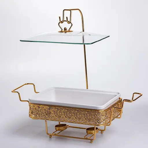 Мармитница настольная фарфоровая 3.5 литра мармит прямоугольный на подставке Белый с золотом Yiwu YL-77 - фото 2