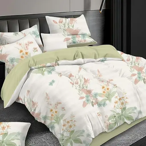 Постельное комбинированное белье Страйп сатин с цветочным принтом Зеленый полуторный двухсторонний комплект - фото 1