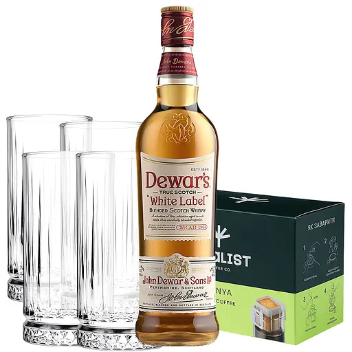 Набор: виски Dewar's White Label от 3 лет выдержки 40% 0,5 л + Дрип кофе Idealist Coffee & Co. Кения 180 г + набор стаканов Pasabahce Elysia 280 мл 4 шт.