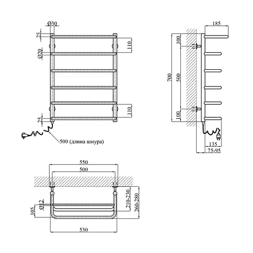 Полотенцесушитель электрический Kroner Скоба ДСп04EL 700x500/6 EL с полкой CV017221, Хром, Левое - фото 2
