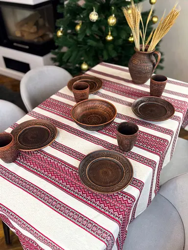 Лляна скатертина різдвяна з українським орнаментом "Рандеву червоний" - 180х150 см - фото 6