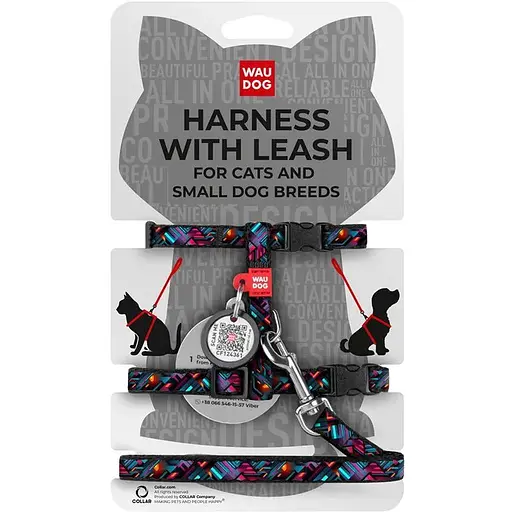 Шлея з повідцем для котів та дрібних порід собак Waudog Nylon з QR паспортом, малюнок "Нескінченні світи"