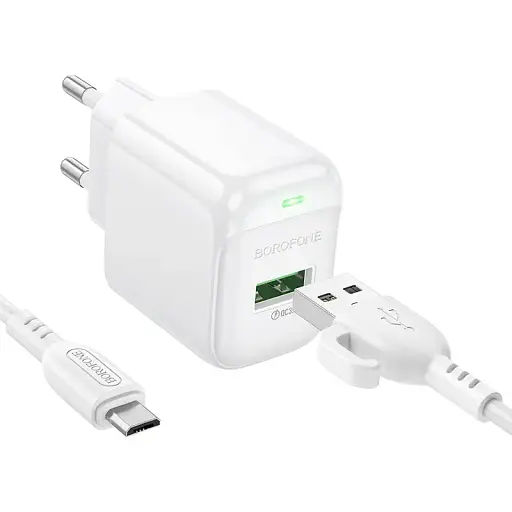 Зарядний пристрій - адаптер з кабелем - набір Borofone BAS42A 1 порт USB + micro кабель білий - фото 1