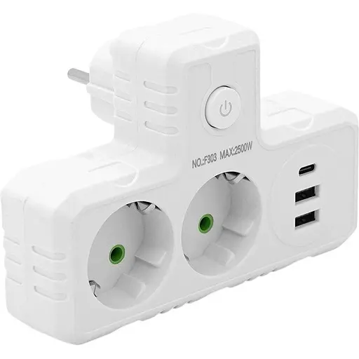 Розетка-двійник із заземленням Voltronic F-303 White 2 розетки+3USB(1А)+Type-C 2500W 10A 220V