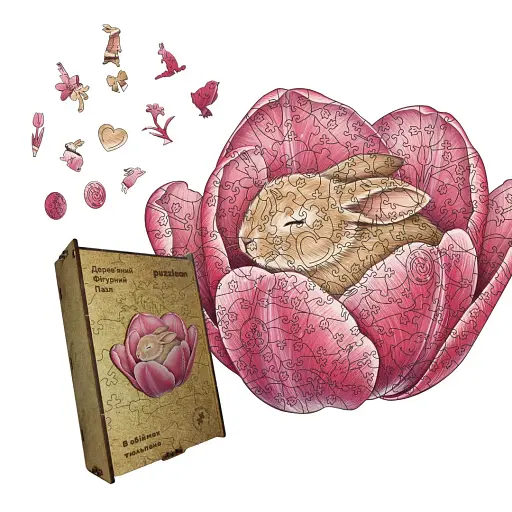 Дерев'яний фігурний пазл В обіймах Тюльпана, А5, Картонна коробка 35 елементів