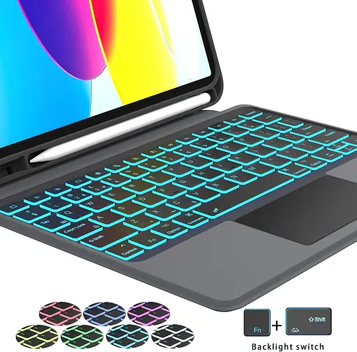 Чохол ROOFEI для iPad 10-го покоління (10,9 дюйма, 2022 р.) зі знімною клавіатурою: 7-колірне підсвічування, сенсорна панель - фото 9