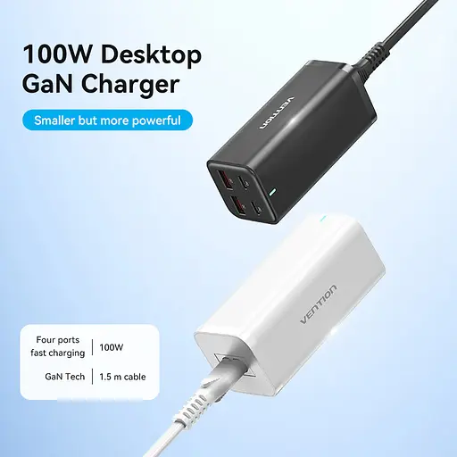 Сетевое зарядное устройство с кабелем Vention 4-Port USB (C+C+A+A) GaN Charger (100W/100W/18W/18W) EU-Plug черный - фото 3