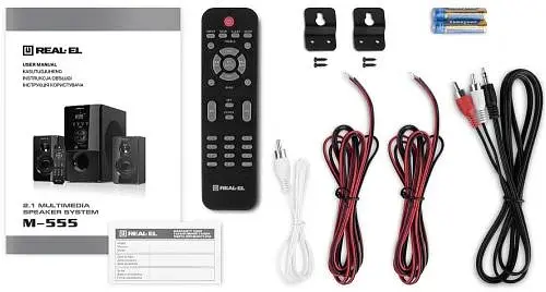 Колонки 2.1 REAL-EL M-555 Black, сателіти 2 x 12.5 Вт, сабвуфер 30 Вт, МДФ, Bluetooth, FM-тюнер, USB/SD, дисплей, живлення від мережі 220V, керування спереду + пульт ДК - фото 7