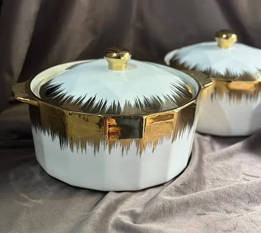 Набір супниць керамічних із кришками 3 шт 1,5 л 2,5 л 3,5л Білий із золотистим декором - фото 4