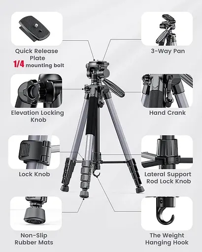 CAMBOFOTO 74"-Camera-Tripod, професійний алюмінієвий штатив/підставка для ніг Бездзеркальна камера/DSLR/Мобільний телефон - фото 3