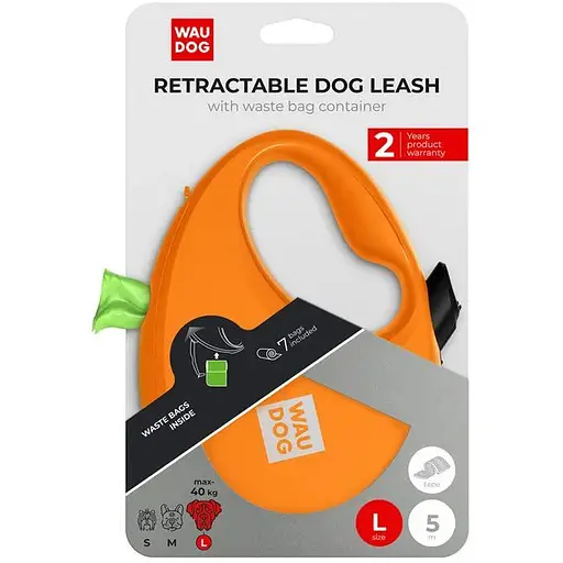 Поводок-рулетка для собак Waudog R-leash с контейнером для пакетов, светоотражающая лента, L, до 40 кг, 5 м, оранжевый - фото 3