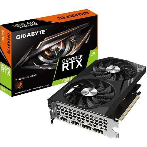 Відеокарта GeForce RTX 3050, Gigabyte, WINDFORCE V2, 8Gb GDDR6, 128-bit, 2xHDMI/2xDP, 1777/14000 MHz, 8-pin (GV-N3050WF2V2-8GD) - фото 1