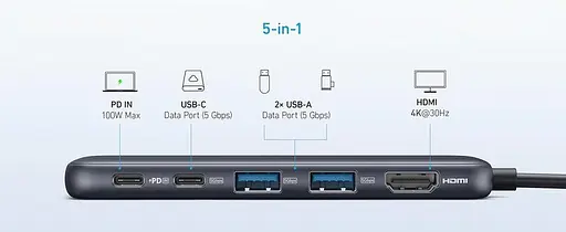 Мультипортовый адаптер - хаб - порт репликатор Anker 332 Usb-C Hub 5-in-1 (A8355011) - фото 3