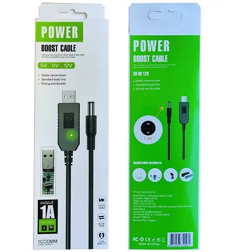Кабель питания для роутера/модема USB-DC (2.1x5.5mm) с преобразователем до 12V in box (1m) Black - фото 2