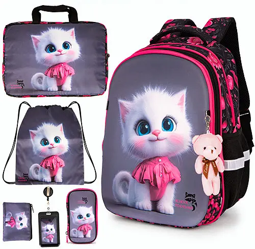 Ортопедичний шкільний рюкзак 6 в 1 для дівчинки School Standard 38х30х18 см з Котиком для молодших класів (170-61)