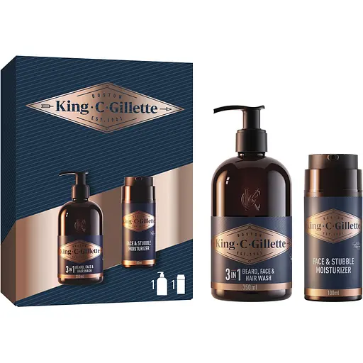 Подарочный набор King C. Gillette: мужской шампунь для бороды, лица и волос 350 мл + увлажняющий крем 100 мл