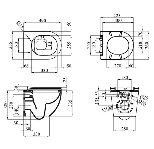 Унитаз подвесной безободковый Kroner Harz WHI493736 RIMLESS с сиденьем Slim Duroplast / Soft-close / Quick relase (KH493736WHIR) (CV029609) - фото 11