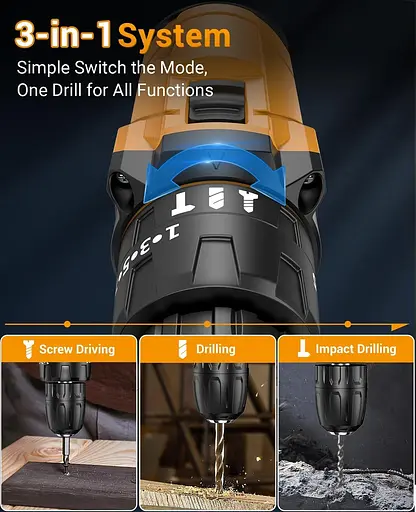 Акумуляторний дриль 21 В, акумуляторний ударний дриль з 2 батареями 2000 мАг, момент, що крутить 25+3, максимальний електричний - фото 7