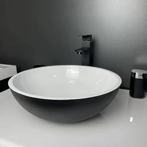 Раковина Adamant умивальник KREIS штучний камінь кругла без відвернення для змішувача та переливу 420х150мм накладний чорно-білий - фото 2