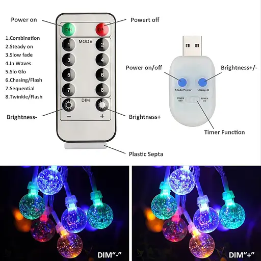 Koopower 30LEDs Globe Fairy Lights, Садові Fairy Lights USB-роз'єм 8 режимів гірлянди кришталеві кульки кулі - фото 3