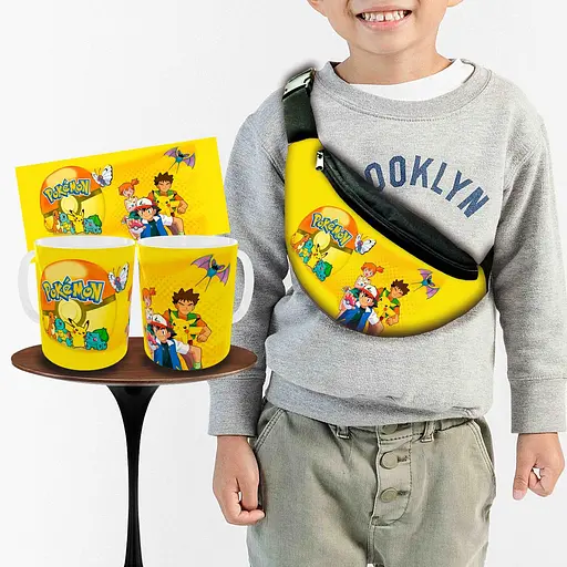 Набір: дитяча сумка-бананка+кружка Покемон Пікачу 32х15см, бананка для хлопчика через плече на подарунок (00945)