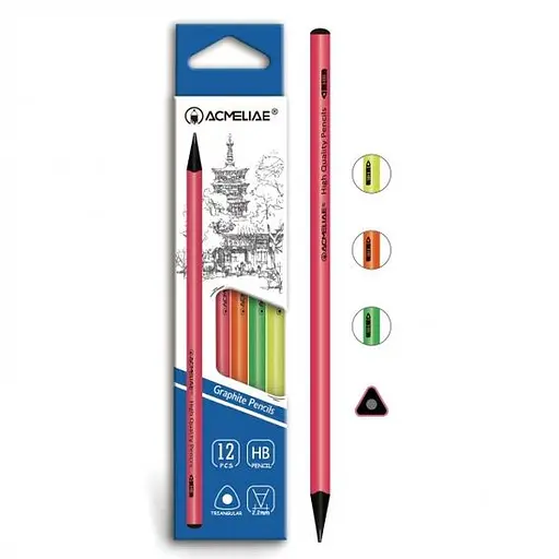Карандаш чернографитовый Acmeliae Неон, HB, треугольный корпус, черное дерево, 2.2 мм, 12 шт.