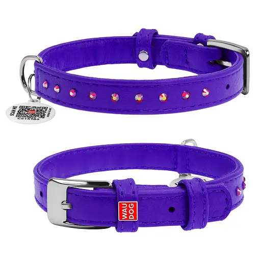 Нашийник для собак шкіряний Waudog Glamour з QR-паспортом з клейовими стразами Ш 15 мм Д 27-36 см фіолетовий