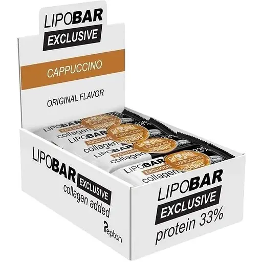 Блок батончиків LipoBar Exclusive Protein Bar, 20*50 грам збагачений біоактивним колагеном Peptan - Капучино