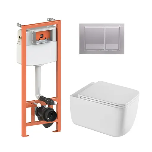 Подвесной унитаз Qtap Gemini Ultra Quiet + инсталляция Qtap Nest 4 в 1 (квадратная клавиша Satin), Белый - фото 1