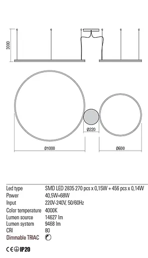 Подвесной светильник Redo ORBIT SU LED 108W 4000K D1000+600 SAND WHITE (4.1.2)-TRIAC 01-1922-TRIAC - фото 3
