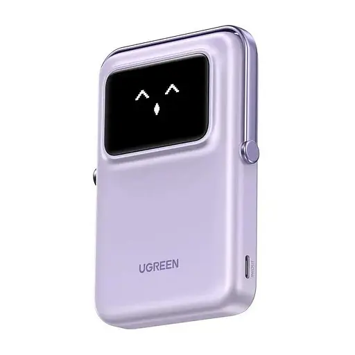 Беспроводной магнитный павербанк Ugreen PB572 10000 mAh 20 W со сложной подставкой и TFT фиолетовым дисплеем